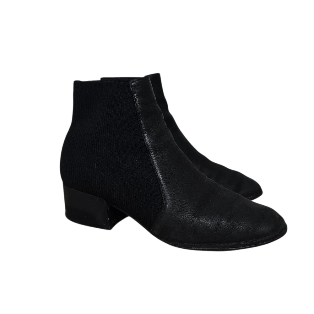 Eileen Fisher‎ Black Leather Knit Sock Ankle Boots Block Heel Made in Italy 8.5